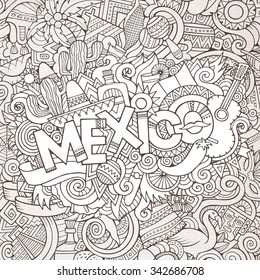 Mexico country hand lettering and doodles elements and symbols background. Vector hand drawn sketchy illustration