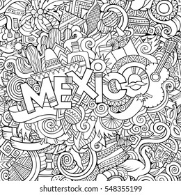 Mexico country hand lettering and doodles elements and symbols background. Vector hand drawn sketchy illustration