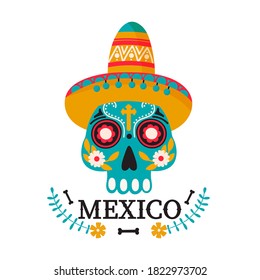 Mexico country illustration. Mexican skull with ornament and text. Composition for poster, banner, card, invitation etc. Colorful vector on white background.