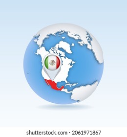 México - mapa del país y bandera localizada en el mundo, mapa del mundo. Ilustración del vector 3D