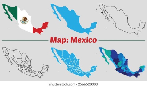 Mexico country map set. internal provinces borders marked, Simple map of Mexico vector drawing, Filled and outline.