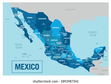 Mapa político del país de México. Ilustración vectorial detallada con estados, regiones, islas y ciudades aislados, fácil de desagrupar. 