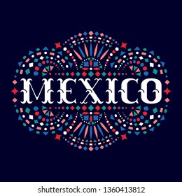 Mexico creative word and Mexican traditional embroidery motif for festive card. Bright background with fiesta style folk art pattern. Western shapes of text. Colorful ethnic vector design.