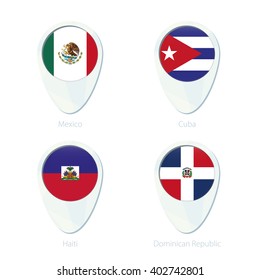 Mexico, Cuba, Haiti, Dominican Republic flag location map pin icon. Mexico Flag, Cuba Flag, Haiti Flag, Dominican Republic Flag. Vector Illustration.