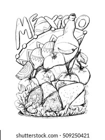 Mexico cuisine. Tasty food, graphic sketch, artistic illustration for coloring book page design