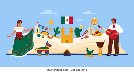 Mexico culture and architecture landmarks study in infographic collage. Open guide book and flag, dance to Latino guitar music of Mexican people, Mexican food, maracas cartoon vector illustration