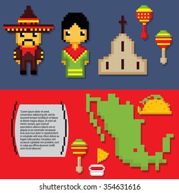 Mexico culture banner icons set. Pixel art. Old school computer graphic style.