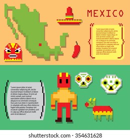 Mexico culture banner icons set. Pixel art. Old school computer graphic style.