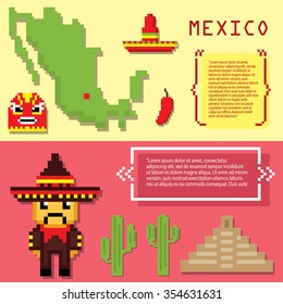 Mexico culture banner icons set. Pixel art. Old school computer graphic style.