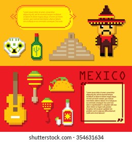 Mexico culture banner icons set. Pixel art. Old school computer graphic style.