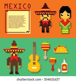 Mexico culture banner icons set. Pixel art. Old school computer graphic style.