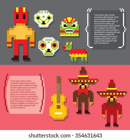 Mexico culture banner icons set. Pixel art. Old school computer graphic style.