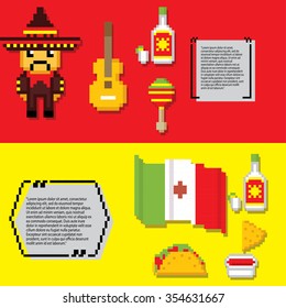 Mexico culture banner icons set. Pixel art. Old school computer graphic style.