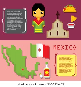 Mexico culture banner icons set. Pixel art. Old school computer graphic style.