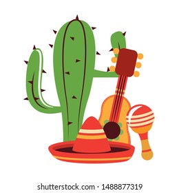mexico culture and foods cartoons cactus and mariachi guitar and the reattle also mariachi hat vector illustration graphic design