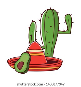 mexico culture and foods cartoons cactus and avocado also mariachi hat vector illustration graphic design