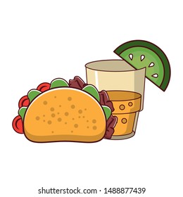 mexico culture and foods cartoons glass lemon cut on the edge and taco vector illustration graphic design