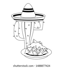 mexico culture and foods cartoons mariachi hat on cactus also nachos and melted cheese vector illustration graphic design