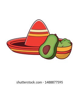 mexico culture and foods cartoons mariachi hat and plate on guacamole also avocado vector illustrationgraphic design
