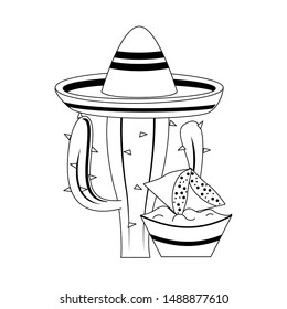 mexico culture and foods cartoons mariachi hat on cactus also guacamole plate on nachos vector illustration graphic design