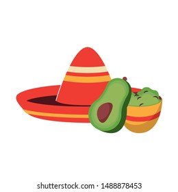 mexico culture and foods cartoons mariachi hat and plate on guacamole also avocado vector illustrationgraphic design