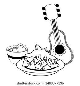 mexico culture and foods cartoons plate on nachos and melted cheese also guacamole and mariachi guitar vector illustration graphic design