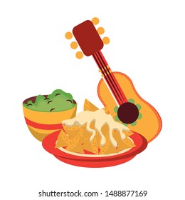 mexico culture and foods cartoons plate on nachos and melted cheese also guacamole and mariachi guitar vector illustration graphic design
