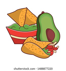 mexico culture and foods cartoons plate with guacamole nachos and avocado also burrito vector illustrationgraphic design