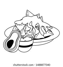 mexico culture and foods cartoons plate with nachos and melted cheese also guacamole and avocado vector illustration graphic design