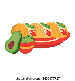 mexico culture and foods cartoons plate with tacos and guacamole also avocado vector illustration graphic design