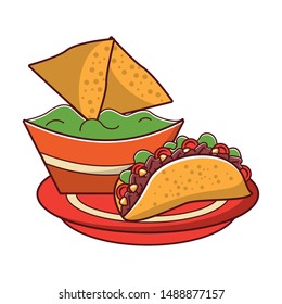 mexico culture and foods cartoons tacos on plate and guacamole also nachos vector illustration graphic design