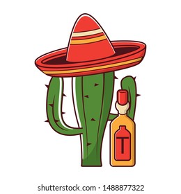 mexico culture and foods cartoons tequila bottle and cactus on mariachi hat vector illustration graphic design
