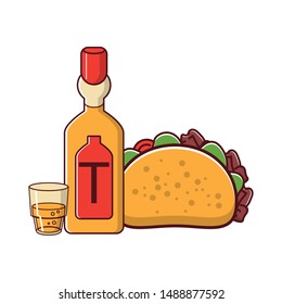 mexico culture and foods cartoons tequila bottle and glass also taco vector illustration graphic design