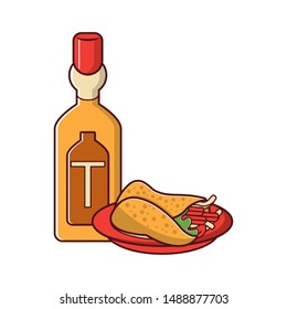 mexico culture and foods cartoons tequila bottle and burrito on plate vector illustration graphic design