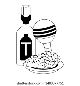mexico culture and foods cartoons tequila bottle and tacos on plate also the rattle vector graphic design