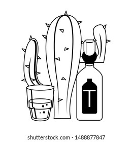 mexico culture and foods cartoons tequila bottle and glass also cactus vector illustration graphic design