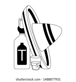 mexico culture and foods cartoons tequila bottle and glass mariachi hat vector illustration graphic design