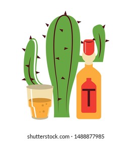 mexico culture and foods cartoons tequila bottle and glass also cactus vector illustration graphic design