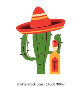mexico culture and foods cartoons tequila bottle and cactus on mariachi hat vector illustration graphic design