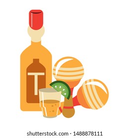 mexico culture and foods cartoons tequila bottle and glass lemon cut on the edge of the glass and the rattles vector illustration graphic design