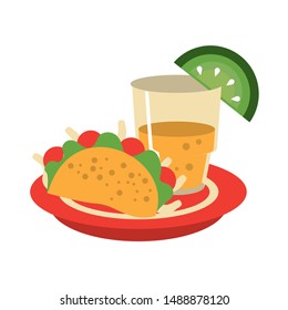 mexico culture and foods cartoons tequila glass and lemon cut on the edge on a plate accompanied by a taco vector illustration graphic design