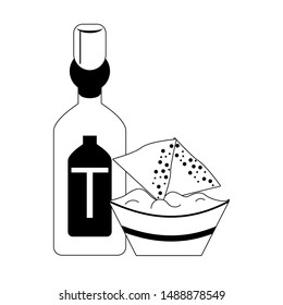 mexico culture and foods cartoons tequila bottle and guacamole plate also nachos vector illustration graphic design