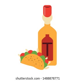 mexico culture and foods cartoons tequila bottle and taco vector illustration graphic design