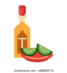 mexico culture and foods cartoons tequila bottle and plate cut lemons vector illustration graphic design