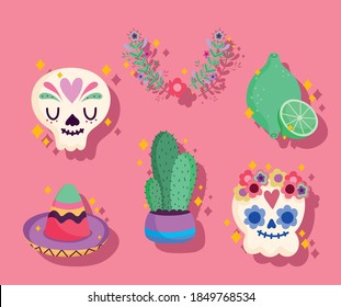 mexico culture icon set with skull, catrina, cactus, hat and lemon vector illustration