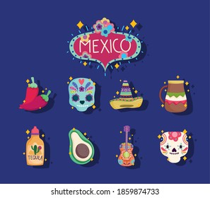 mexico culture icon set, skull, hat, tequila, guitar and hat vector illustration