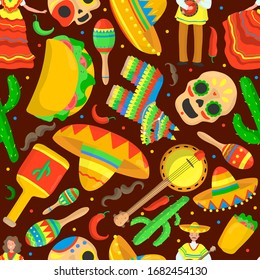Mexico culture isolated seamless pattern on dark background. Mexican ethnic symbol: dancing woman, sombrero hat, guitar, cactus, painted skull, taco, man. Creative cartoon style. Vector illustration.