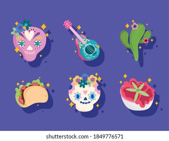 mexico culture set icons, skull, guitar, cactus, sauce and taco vector illustration