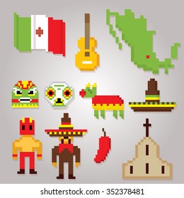 Mexico culture symbols icons set. Pixel art. Old school computer graphic style.