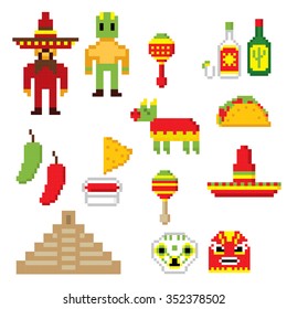 Mexico culture symbols icons set. Pixel art. Old school computer graphic style.